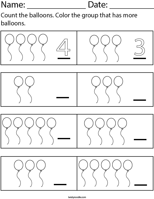 Color the group that has more balloons Math Worksheet Twisty Noodle